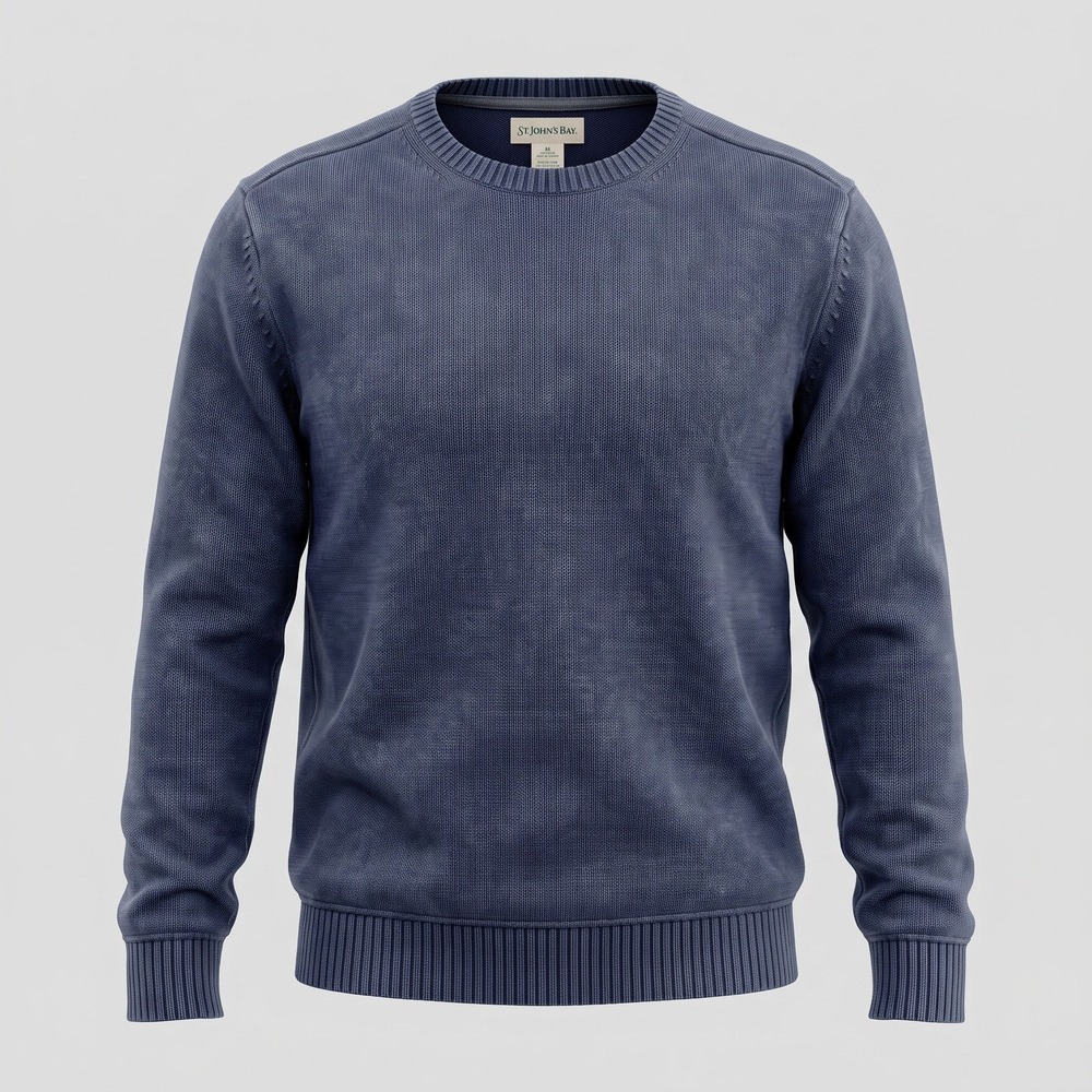 St. Johns Bay Mens XL Blue Cotton Sweater Crew Neck Shaker Knit Solid Classic